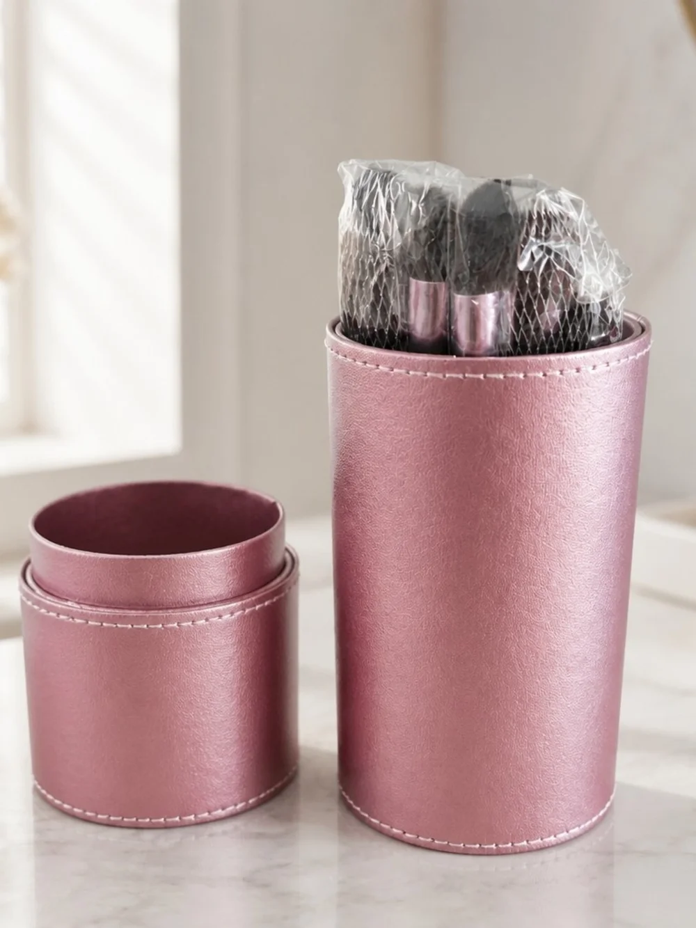Pink Metallic Makeup Brush Holder with Brushes
